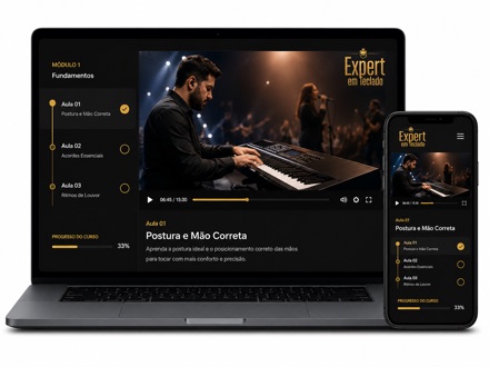 Mockup das videoaulas do Expert em Teclado no notebook e celular
