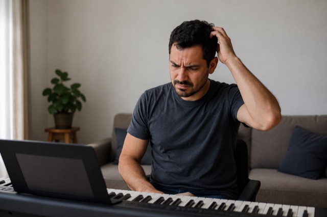 Tecladista frustrado e confuso ao teclado