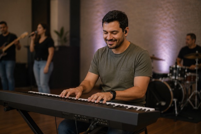 Tecladista tocando feliz no louvor