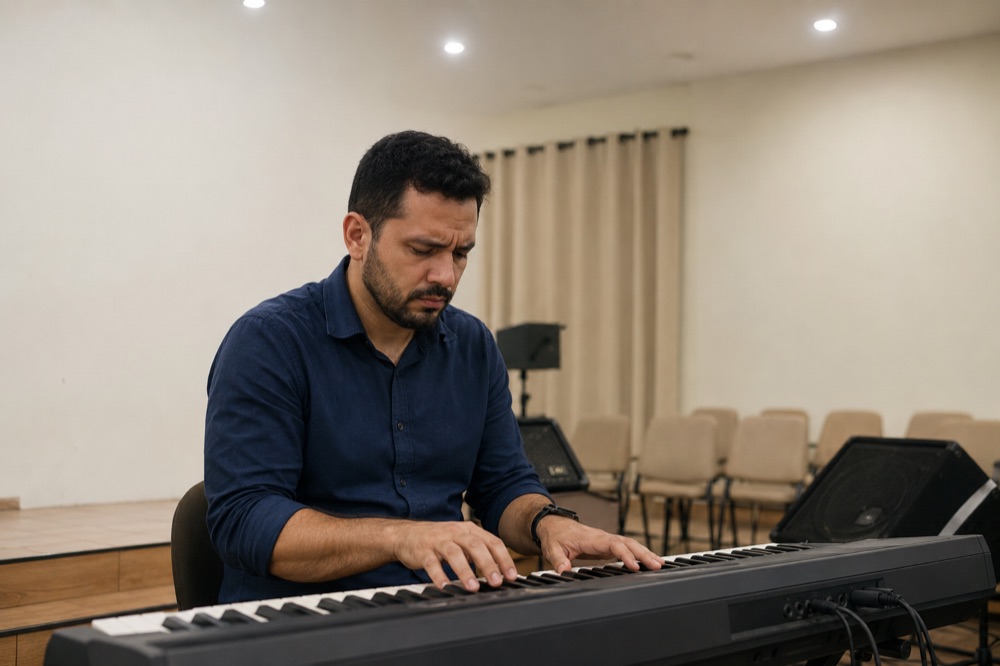 Tecladista frustrado tocando teclado